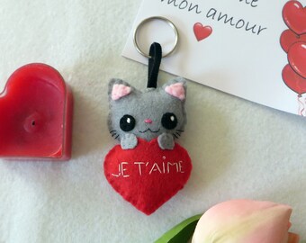 Porte clé chat gris, kawaii, en feutrine, fait main, cadeau pour dire je t'aime