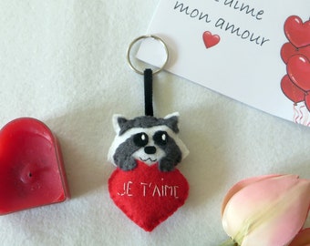 Raccoon keychain, love gift, felt heart, gift for women, handmade