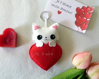 Felt cat in a heart plush, love gift, kawaii, handmade, cute bag charm