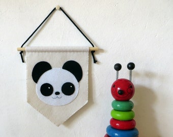 Kawaii panda banner, felt decor for baby nursery, pennant flag, handmade, birth gift
