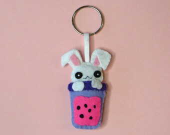 Bubble tea kawaii bunny, adorable felt key ring, handmade bag charm, cute little gift