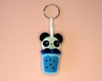 Bubble tea kawaii panda, adorable felt key ring, handmade bag charm, cute little gift