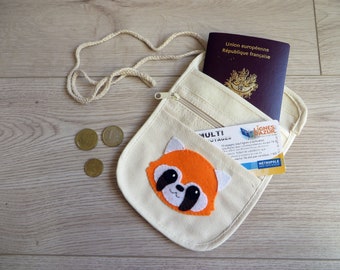 Red panda travel neck bag, for kids, cotton and felt, to carry passport, tickets, money, when travelling