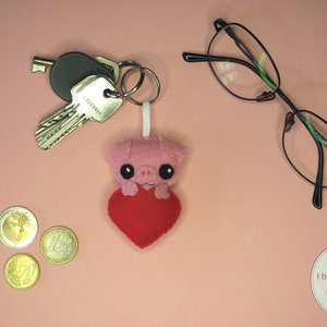 Felt pig keychain, love gift for women, cute, in a heart, handmade image 2