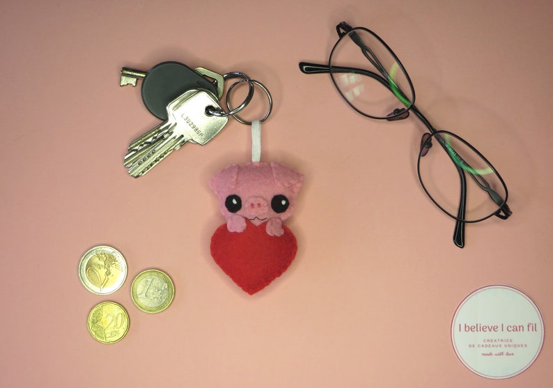 Felt pig keychain, love gift for women, cute, in a heart, handmade image 2