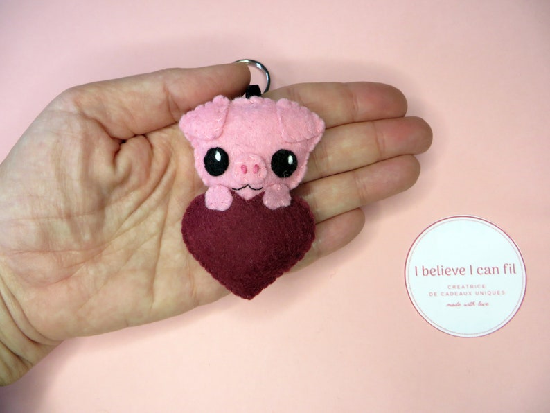Felt pig keychain, love gift for women, cute, in a heart, handmade image 7