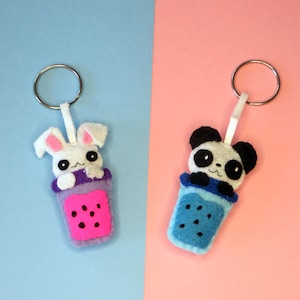 Bubble tea kawaii panda, adorable felt key ring, handmade bag charm, cute little gift image 8