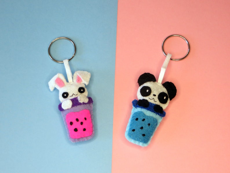 Bubble tea kawaii panda, adorable felt key ring, handmade bag charm, cute little gift image 8