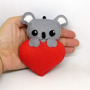 Koala plush, in a heart, in felt, handmade, love gift Rouge