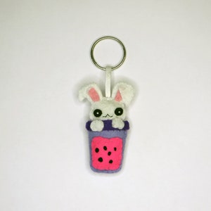 Bubble tea kawaii bunny, adorable felt key ring, handmade bag charm, cute little gift image 5