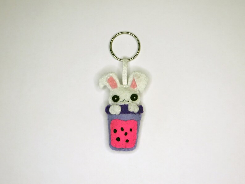 Bubble tea kawaii bunny, adorable felt key ring, handmade bag charm, cute little gift image 5