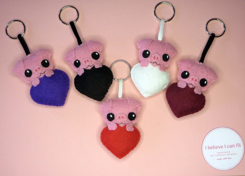 Felt pig keychain, love gift for women, cute, in a heart, handmade image 5