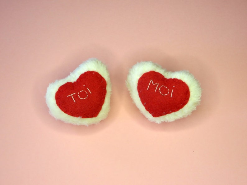 Pocket hugs, two small heart plushes, with you and me embroidery, kawaii, couple gift image 4