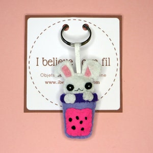 Bubble tea kawaii bunny, adorable felt key ring, handmade bag charm, cute little gift image 6