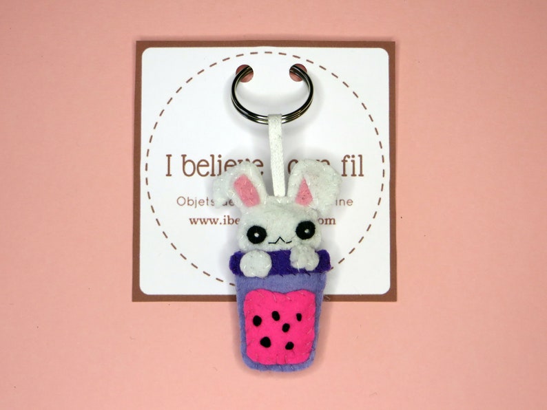 Bubble tea kawaii bunny, adorable felt key ring, handmade bag charm, cute little gift image 6