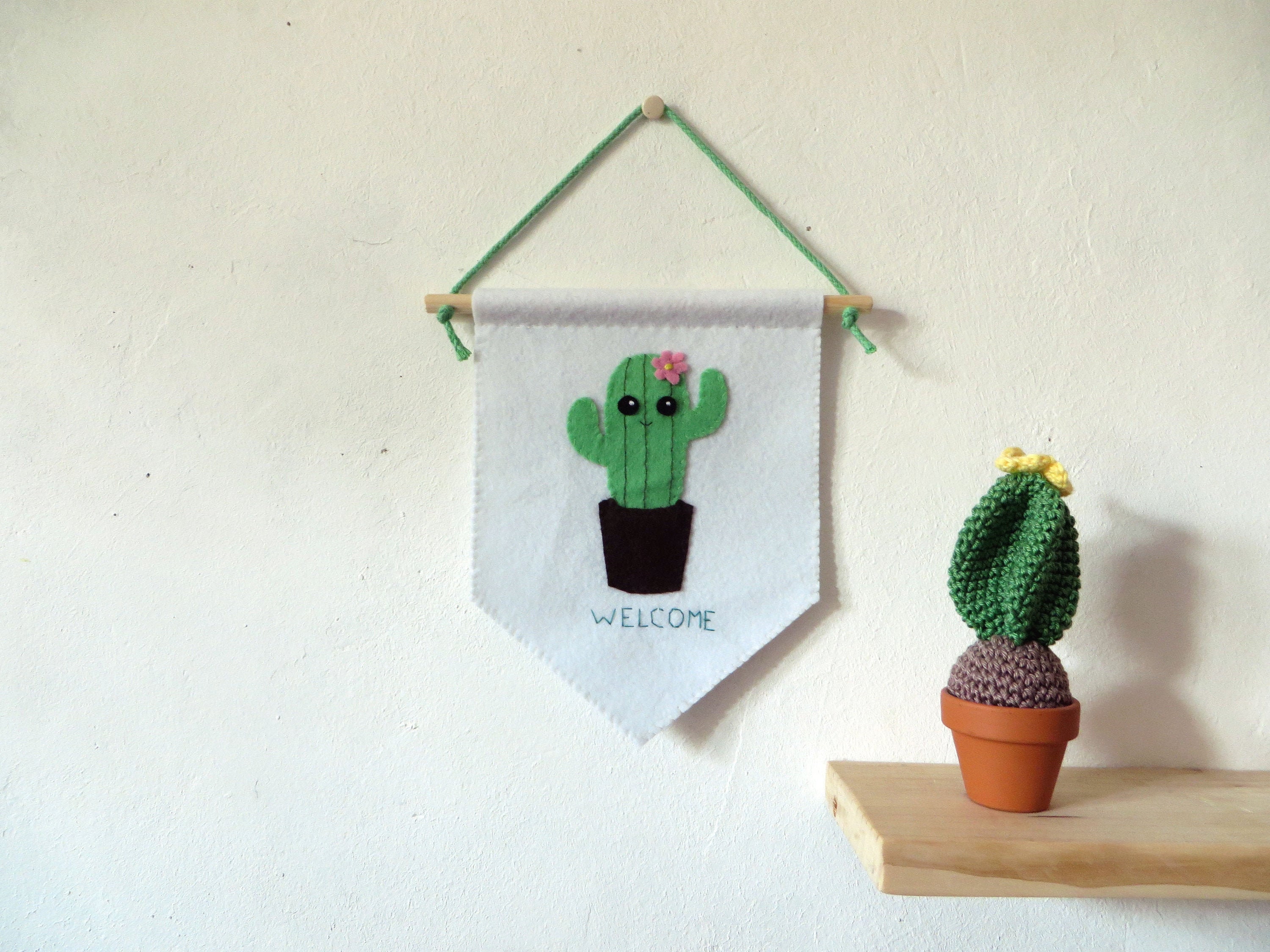 Fanion Cactus Kawaii, Panneau de Bienvenue, Décoration Murale Entrée, en Feutrine, Fait Main, Cadeau