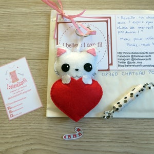 Felt cat in a heart plush, love gift, kawaii, handmade, cute bag charm image 9