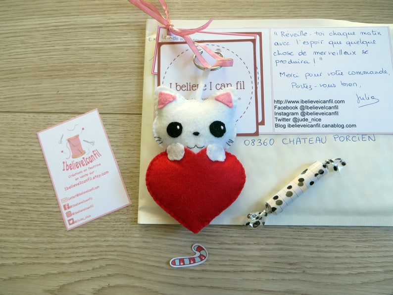 Felt cat in a heart plush, love gift, kawaii, handmade, cute bag charm image 9