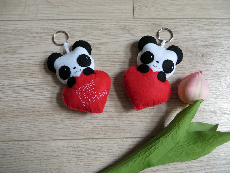 Panda ornament in a heart in felt to hang handmade lovers image 1