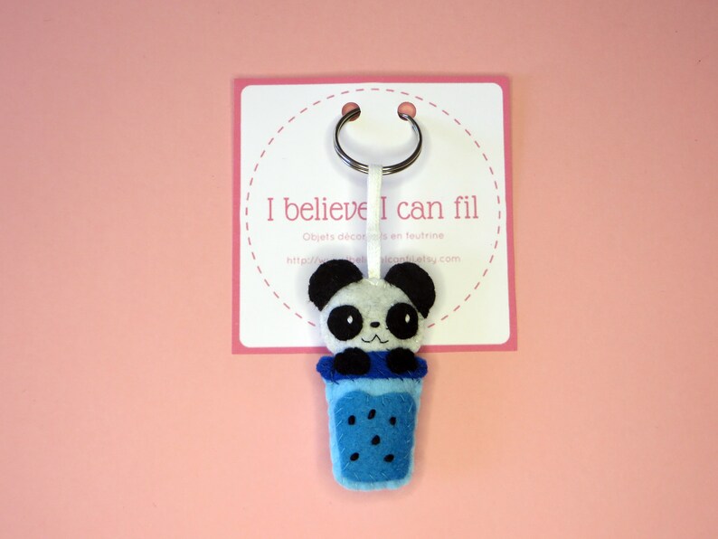 Bubble tea kawaii panda, adorable felt key ring, handmade bag charm, cute little gift image 6