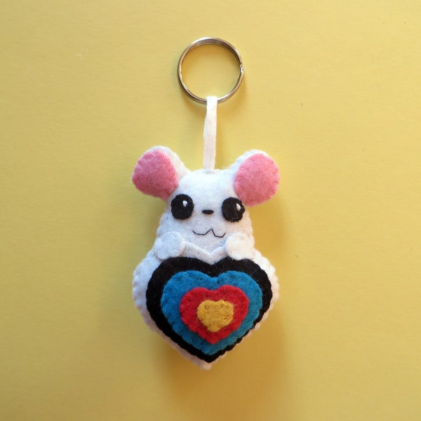 Porte clé tir à l'arc, souris kawaii, dans une cible, en feutrine, fait main, cadeau pour archer