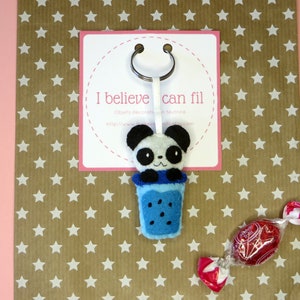 Bubble tea kawaii panda, adorable felt key ring, handmade bag charm, cute little gift image 7