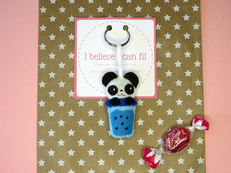 Bubble tea kawaii panda, adorable felt key ring, handmade bag charm, cute little gift image 7