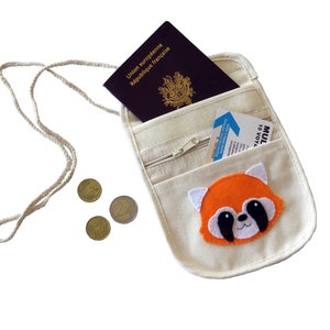 Red panda travel neck bag, for kids, cotton and felt, to carry passport, tickets, money, when travelling image 3