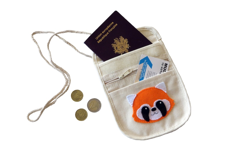 Red panda travel neck bag, for kids, cotton and felt, to carry passport, tickets, money, when travelling image 3