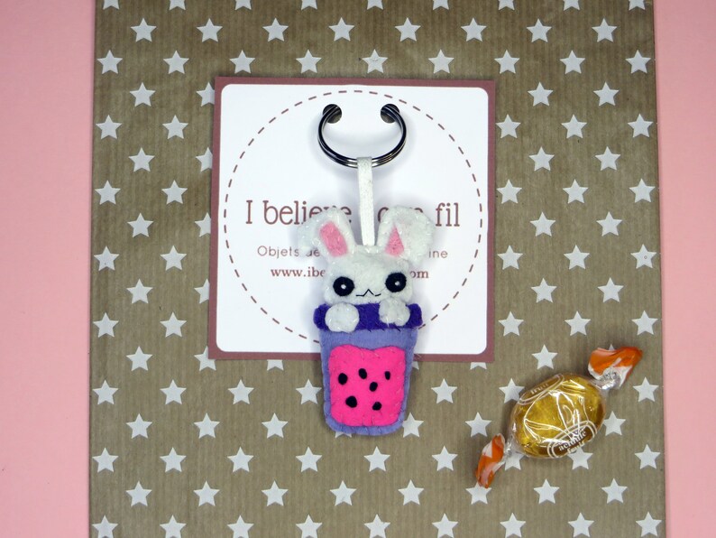 Bubble tea kawaii bunny, adorable felt key ring, handmade bag charm, cute little gift image 7