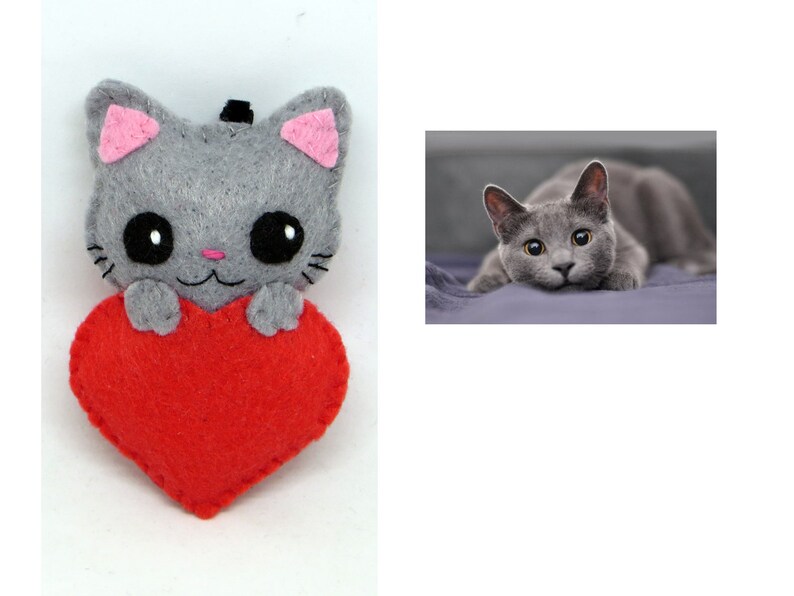 Porte clé chat gris dans un coeur, accessoire kawaii, en feutrine, fait main, cadeau pour dire je t'aime image 7