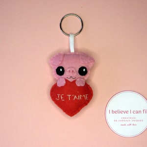 Porte clé feutrine, cochon dans un coeur, cadeau pour femme, mignon, fait main image 6