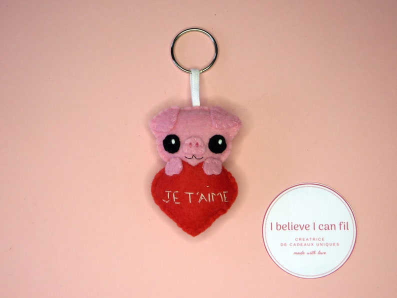 Felt pig keychain, love gift for women, cute, in a heart, handmade image 6