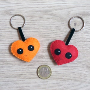 porte-clefs coeurs orange et rouge, kawaii,en feutrine, fait main, cadeau de fête des mères
