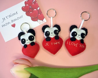 Porte clé panda, mignon, dans un coeur, en feutrine, fait main, cadeau fête des mères