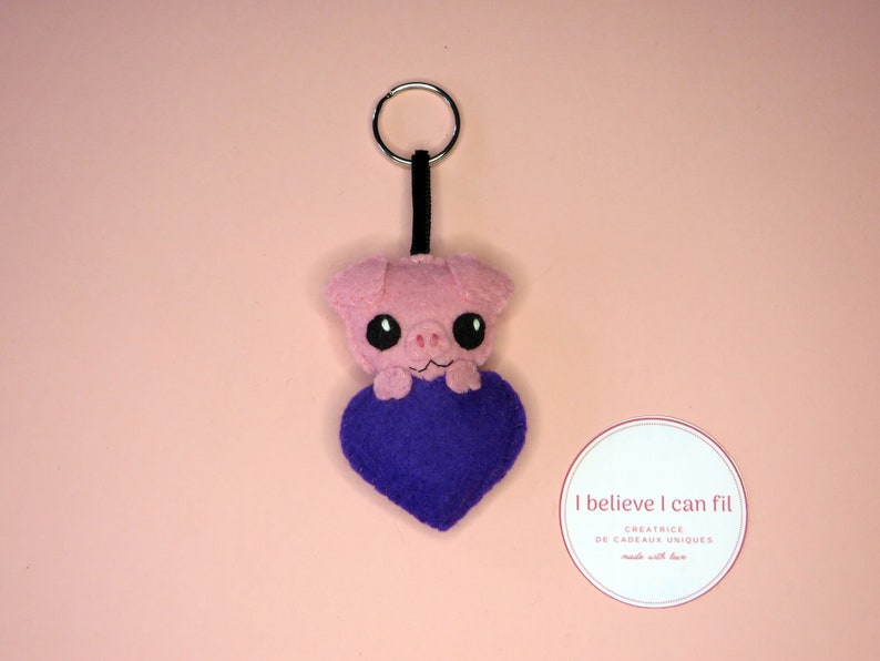 Felt pig keychain, love gift for women, cute, in a heart, handmade image 9
