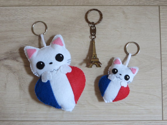 Porte-clef chat, peluche chat kawaii, dans un drapeau français, en  feutrine, fait main, pour les supporters français -  France