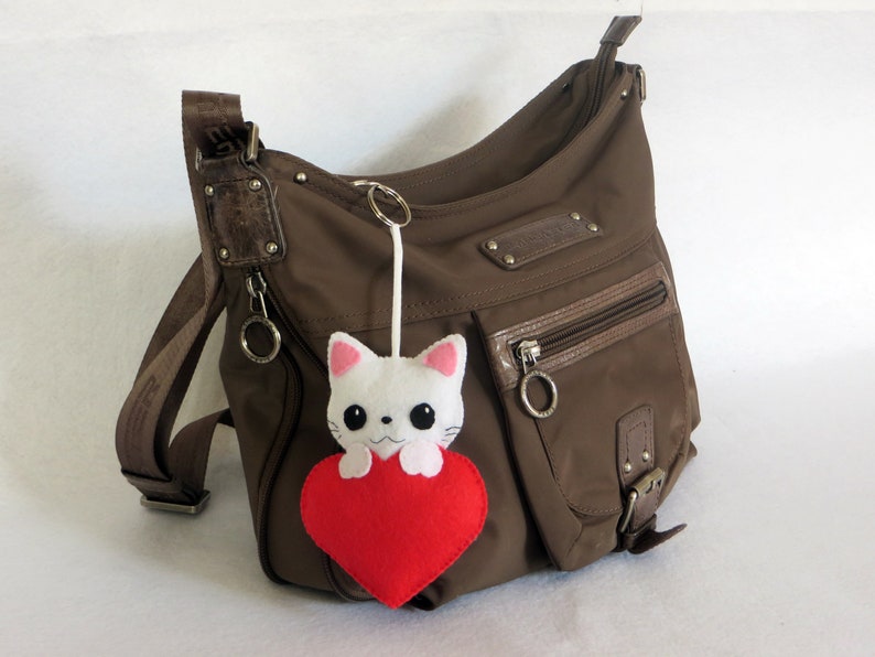 Felt cat in a heart plush, love gift, kawaii, handmade, cute bag charm image 8