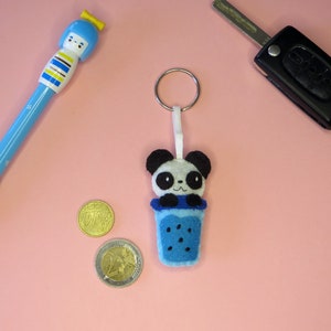 Bubble tea kawaii panda, adorable felt key ring, handmade bag charm, cute little gift image 4