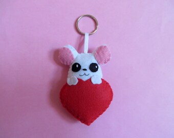 Mouse keychain, in a red heart, cute, in felt, handmade, love gift idea