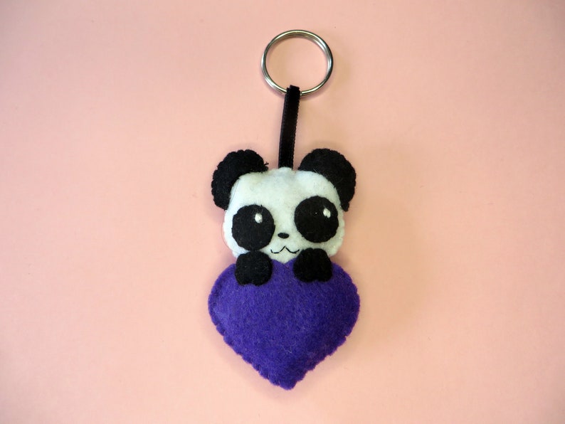 Panda keychain, cute, in a heart, in felt, handmade, lovers gift idea Violet