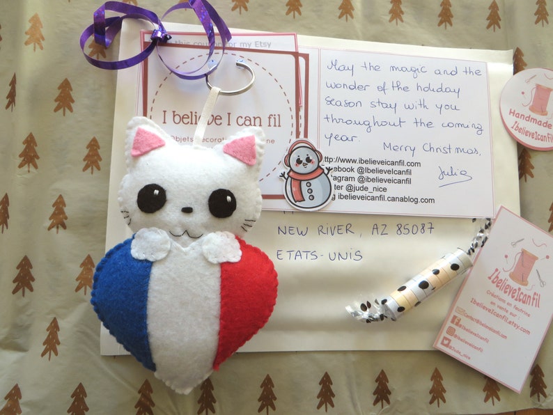 Porte-clef chat, peluche chat kawaii, dans un drapeau français, en feutrine, fait main, supporters français, jeux olympiques Paris 2024 image 9