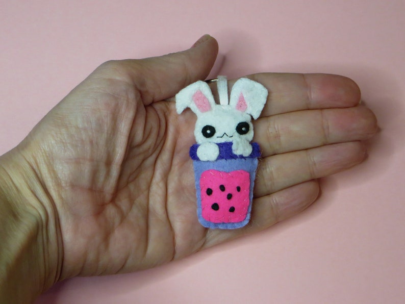 Bubble tea kawaii bunny, adorable felt key ring, handmade bag charm, cute little gift image 3
