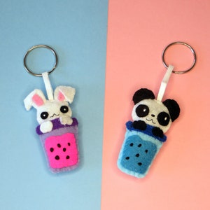 Bubble tea kawaii bunny, adorable felt key ring, handmade bag charm, cute little gift image 10