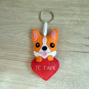 Porte clé corgi, chien en feutrine, fait main, cadeau fête des mères coeur je t'aime