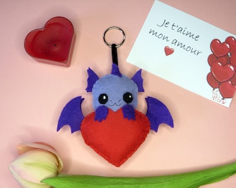 Dragon plush, kawaii, in a red heart, in felt, handmade, fantasy lover gift