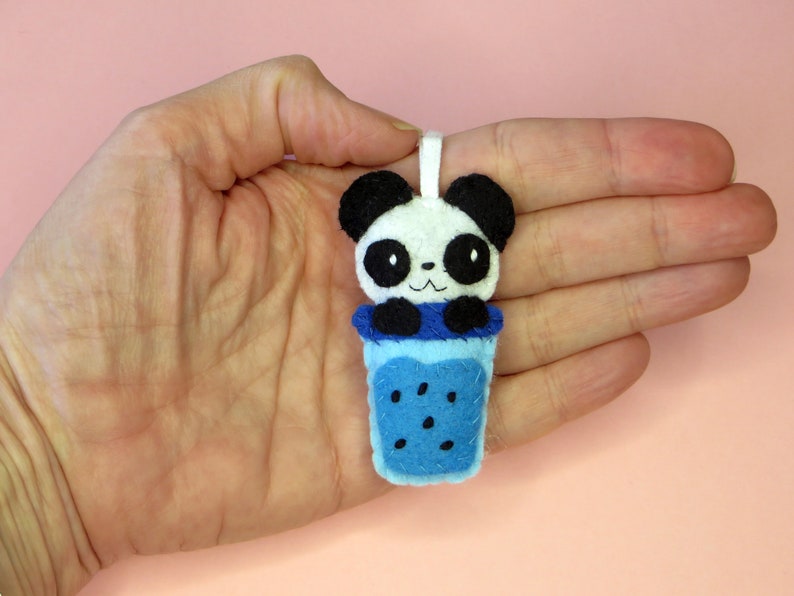 Bubble tea kawaii panda, adorable felt key ring, handmade bag charm, cute little gift image 3