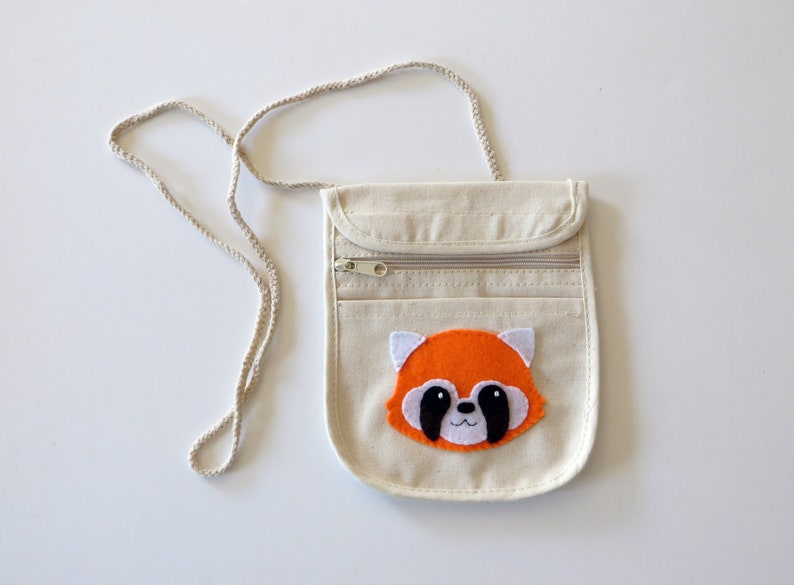 Red panda travel neck bag, for kids, cotton and felt, to carry passport, tickets, money, when travelling image 4