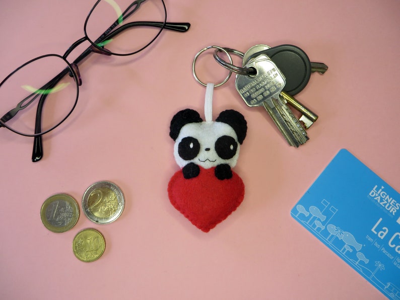 Panda keychain, cute, in a heart, in felt, handmade, lovers gift idea image 3