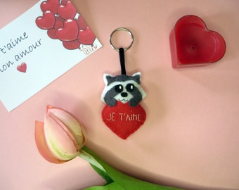 Raccoon keychain, love gift, felt heart, gift for women, handmade